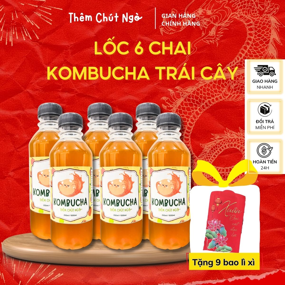 Lốc 6 chai Đủ Vị trà Kombucha trái cây - Thêm Chút Ngò - Scoby Kombucha